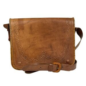 Vintage Boho Hand Tooled Leather Shoulder Crossbody Bag Earthy Hippie Artisan